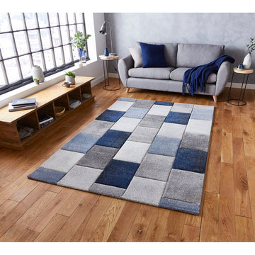Brooklyn 21830 Modern Geometric Square Patchwork Blocks Soft Carved Durable Short Pile Grey/Blue/Cream Rug-Think Rugs-Rug Love - The Most Loved Rug Store